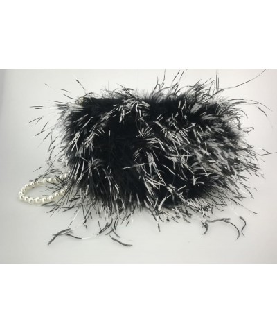 Women Ostrich Feather Clutch Mini Purse with Pearl Chain Small Handbag Furry Luxurious Party Black White Tip $18.06 Clutches