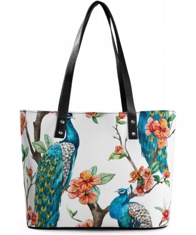 Womens Handbag Bird Peacock And Blossom Flowers Leather Tote Bag Top Handle Satchel Bags For Lady $14.35 Totes