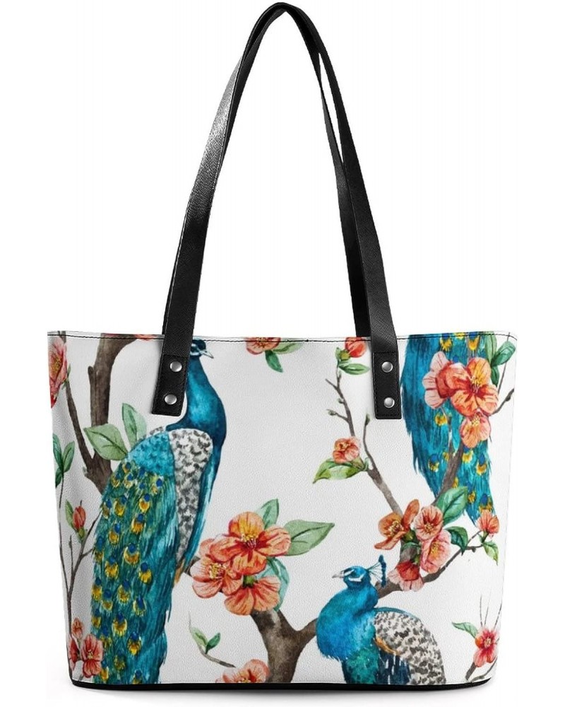 Womens Handbag Bird Peacock And Blossom Flowers Leather Tote Bag Top Handle Satchel Bags For Lady $14.35 Totes