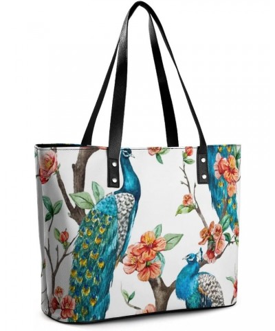 Womens Handbag Bird Peacock And Blossom Flowers Leather Tote Bag Top Handle Satchel Bags For Lady $14.35 Totes