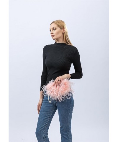 Women Ostrich Feather Clutch Mini Purse with Pearl Chain Small Handbag Furry Luxurious Party Black White Tip $18.06 Clutches