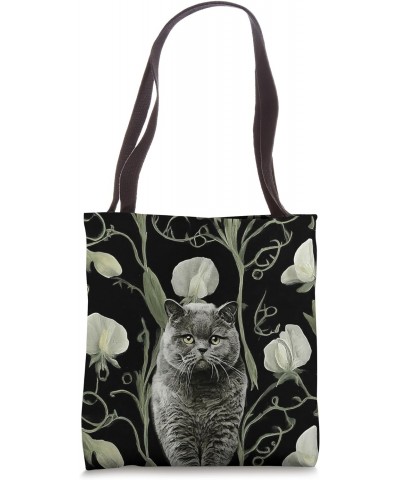 British Shorthair White Sweet Pea Flower Pattern Tote Bag $11.00 Totes