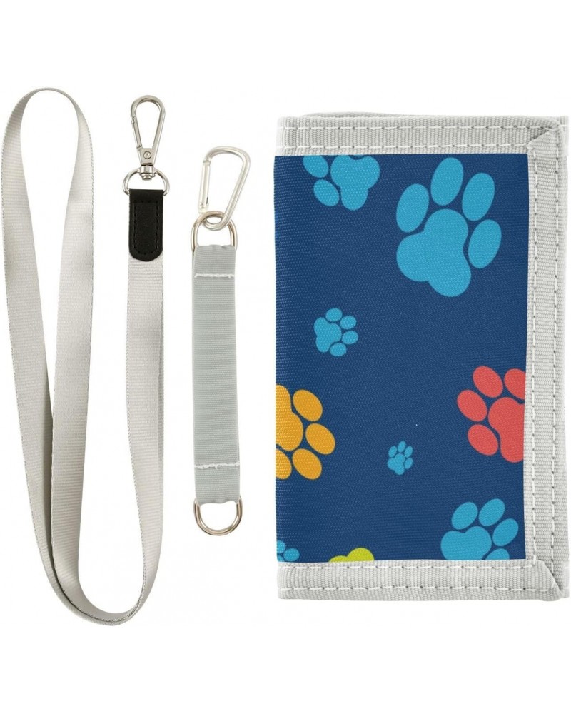 Color Paw Footprint Animal Pattern Trifold Wallet Fabric Wallet Small Nylon Wallet Card Wallet with Lanyard $9.17 Wallets