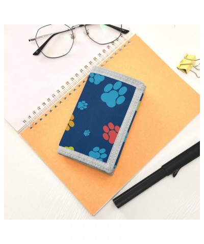 Color Paw Footprint Animal Pattern Trifold Wallet Fabric Wallet Small Nylon Wallet Card Wallet with Lanyard $9.17 Wallets