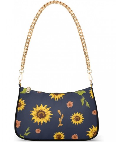 Sunflower Navy Blue Shoulder Bag for Women Fabric Crescent Handbag with Zipper Chain Clutch Purses for Party Concert Teen Gir...