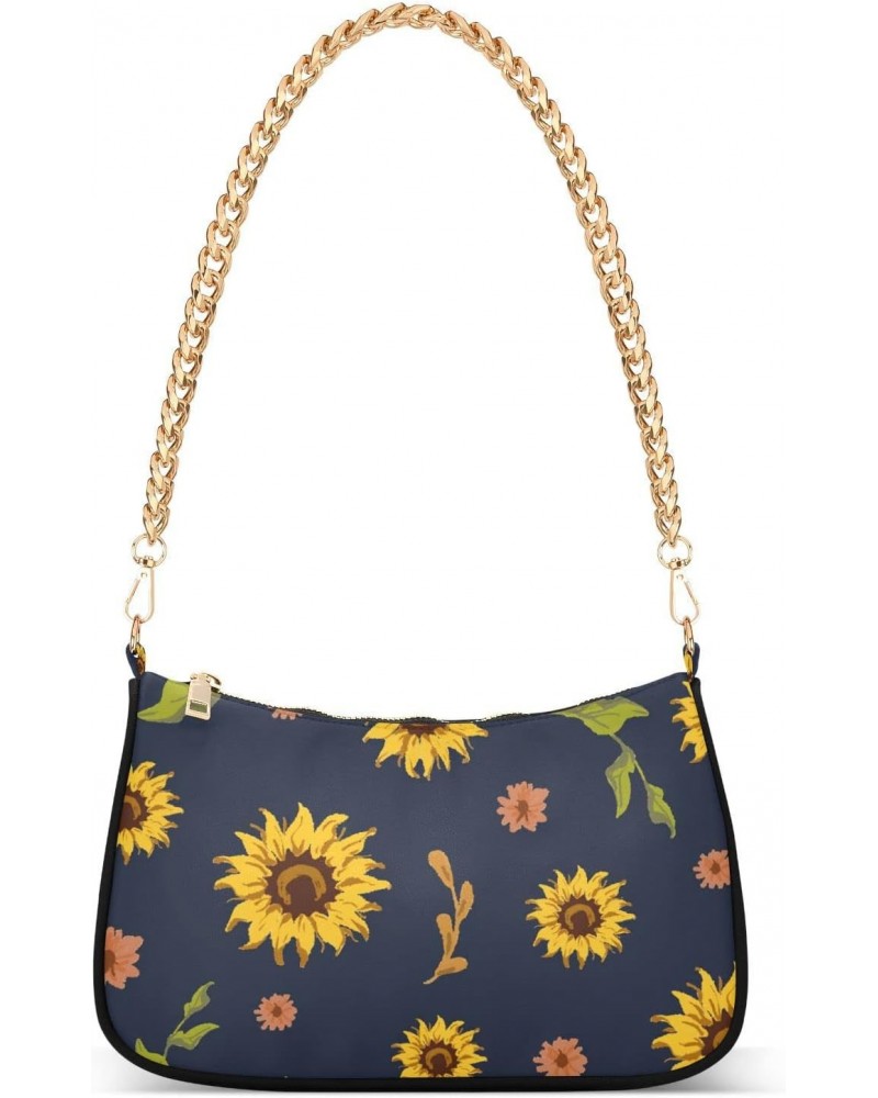 Sunflower Navy Blue Shoulder Bag for Women Fabric Crescent Handbag with Zipper Chain Clutch Purses for Party Concert Teen Gir...