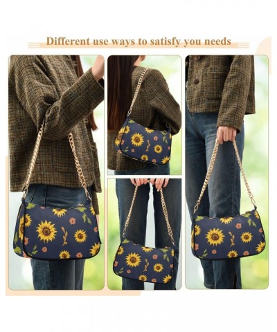 Sunflower Navy Blue Shoulder Bag for Women Fabric Crescent Handbag with Zipper Chain Clutch Purses for Party Concert Teen Gir...