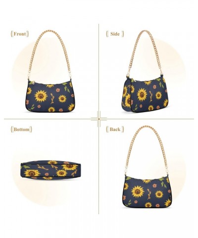 Sunflower Navy Blue Shoulder Bag for Women Fabric Crescent Handbag with Zipper Chain Clutch Purses for Party Concert Teen Gir...