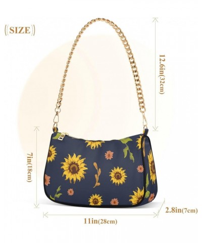 Sunflower Navy Blue Shoulder Bag for Women Fabric Crescent Handbag with Zipper Chain Clutch Purses for Party Concert Teen Gir...