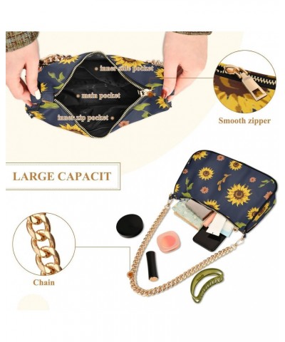 Sunflower Navy Blue Shoulder Bag for Women Fabric Crescent Handbag with Zipper Chain Clutch Purses for Party Concert Teen Gir...