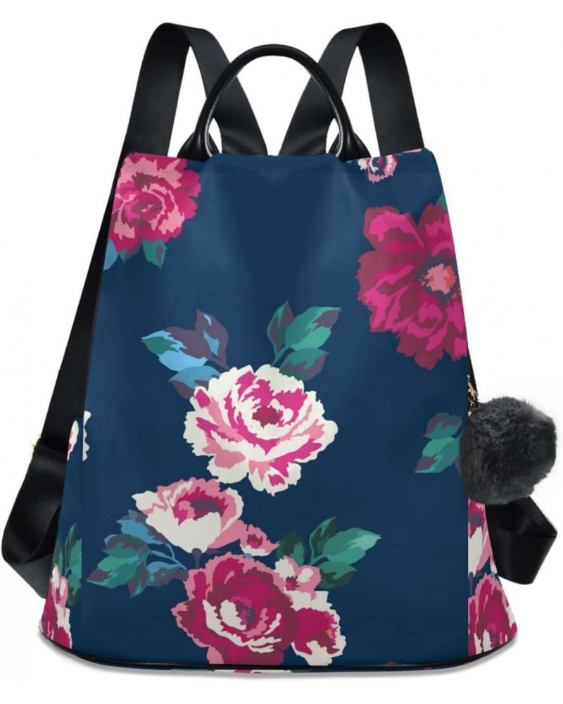 Colorful Roses on Blue Polyester Backpack Purse Travel Bag for Women Fashion Back Pack Shoulder Bag $17.20 Backpacks