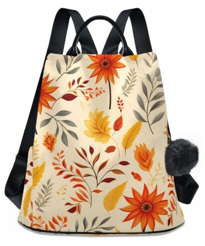 Orange Flowers Maple Leaves Travel Backpack Purse for Women Multipurpose Design Ladies Fashion Bag with Pompom $17.20 Backpacks