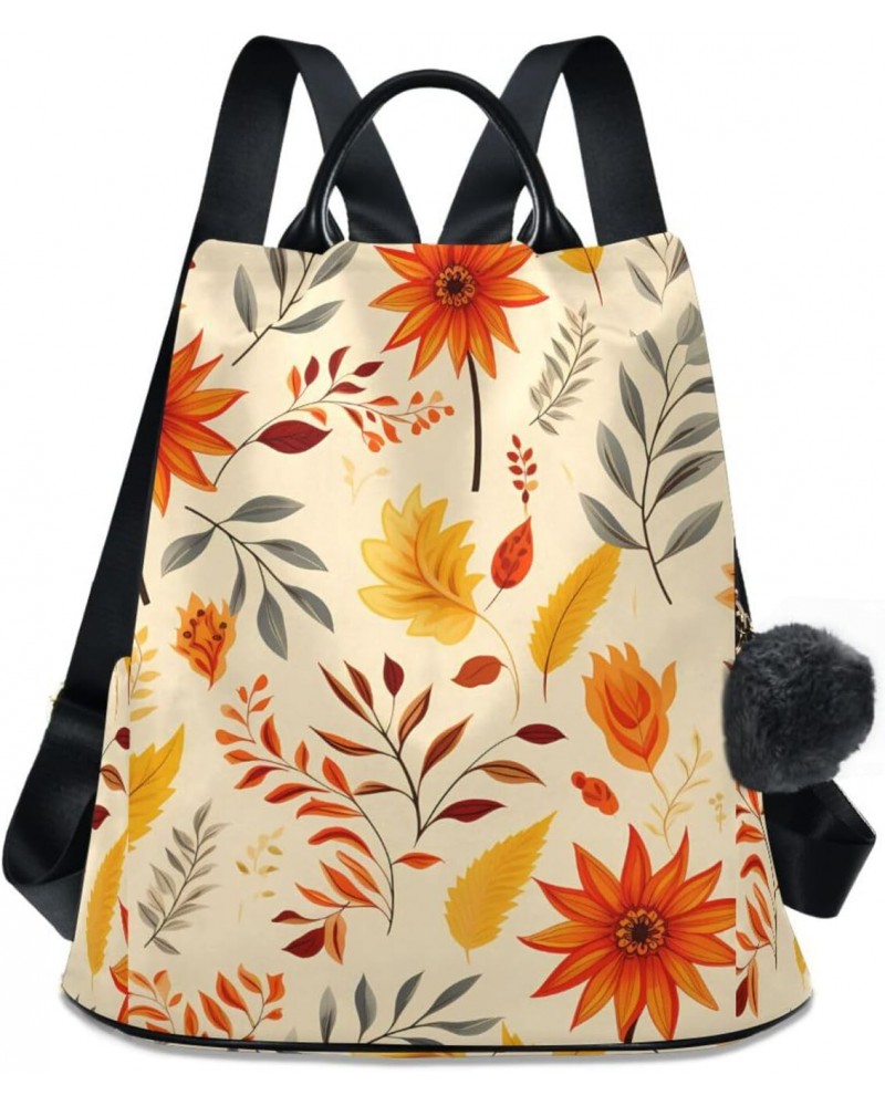 Orange Flowers Maple Leaves Travel Backpack Purse for Women Multipurpose Design Ladies Fashion Bag with Pompom $17.20 Backpacks