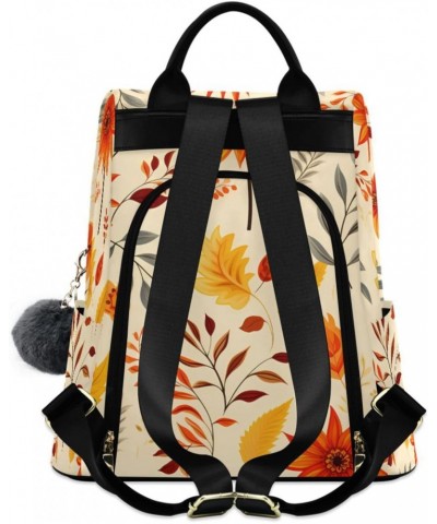 Orange Flowers Maple Leaves Travel Backpack Purse for Women Multipurpose Design Ladies Fashion Bag with Pompom $17.20 Backpacks