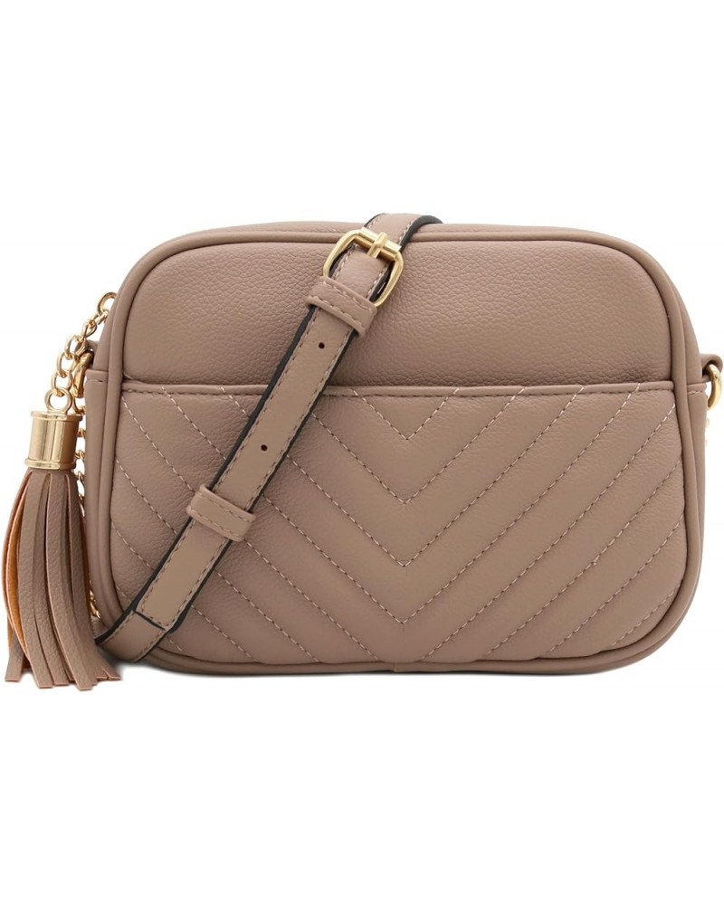 Chevron Quilted Crossbody Camera Bag with Chain Strap and Tassel Taupe $12.01 Crossbody Bags