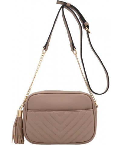 Chevron Quilted Crossbody Camera Bag with Chain Strap and Tassel Taupe $12.01 Crossbody Bags