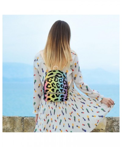 Leopard Print Rainbow Mini Backpack Purse for Women Teen Girls, Colorful Leopard Print Leather Small Backpack Lightweight Cas...