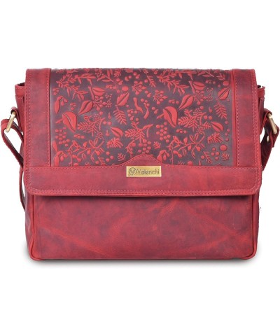 Genuine Leather Crossbody handbag with Elegant flower embossing on Leather-Classic Design Red Vintage $20.47 Shoulder Bags