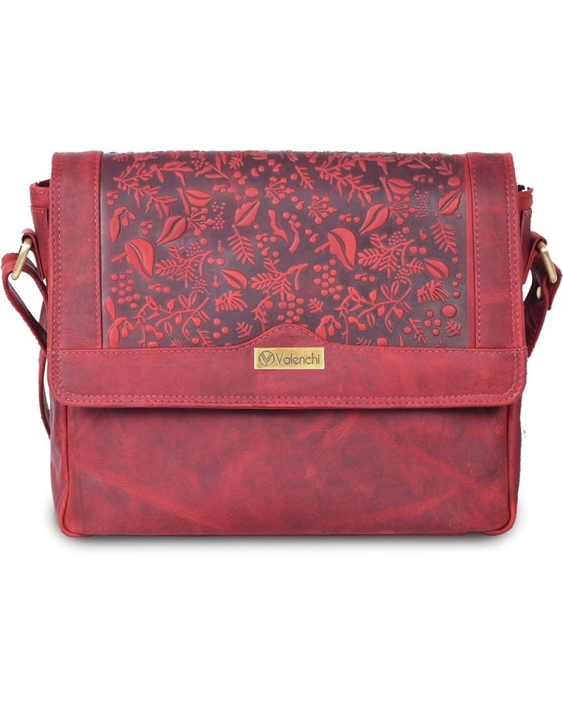 Genuine Leather Crossbody handbag with Elegant flower embossing on Leather-Classic Design Red Vintage $20.47 Shoulder Bags