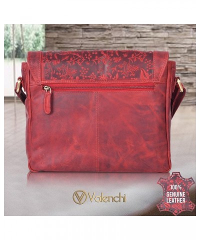 Genuine Leather Crossbody handbag with Elegant flower embossing on Leather-Classic Design Red Vintage $20.47 Shoulder Bags