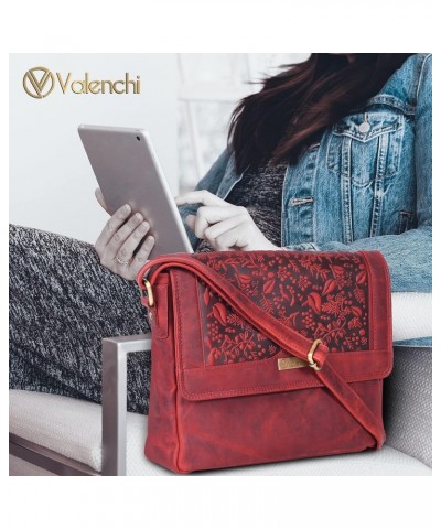 Genuine Leather Crossbody handbag with Elegant flower embossing on Leather-Classic Design Red Vintage $20.47 Shoulder Bags