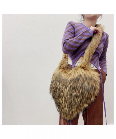 Fluffy Tote Bag for Women Luxury Faux Fur Shoulder Bag Y2K Crossbody Fuzzy Purse Girls Heart Shaped Furry Purse A06-khaki $16...