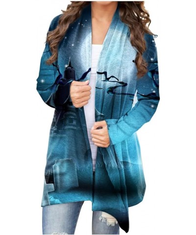 Long Sleeve Cardigan for Women Halloween Print 2024 Trendy Open Front Cardigans with Pockets Casual Loose Outwears 2-light Bl...