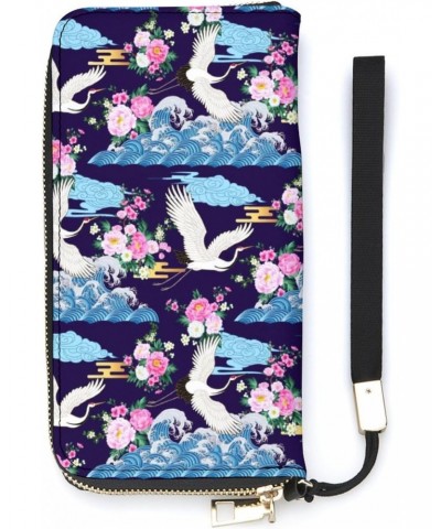 Cranes And Clouds Print Zip Coin Pocket Leather Wallet Vertical Long Wallet for Men Woman With Credit Card Holder $16.79 Wallets