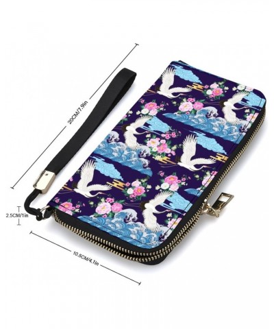 Cranes And Clouds Print Zip Coin Pocket Leather Wallet Vertical Long Wallet for Men Woman With Credit Card Holder $16.79 Wallets