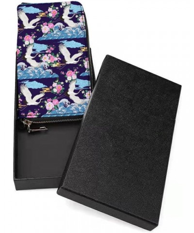 Cranes And Clouds Print Zip Coin Pocket Leather Wallet Vertical Long Wallet for Men Woman With Credit Card Holder $16.79 Wallets