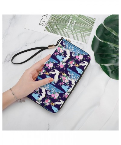 Cranes And Clouds Print Zip Coin Pocket Leather Wallet Vertical Long Wallet for Men Woman With Credit Card Holder $16.79 Wallets