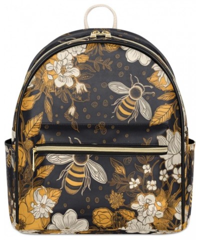 Yellow Floral Bee Mini Backpack Purse for Women Small Casual Daypacks Pu Leather Bookbag Fashion Bee Back Packs Anti Theft Tr...