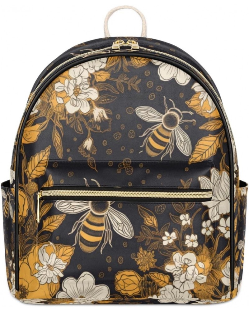 Yellow Floral Bee Mini Backpack Purse for Women Small Casual Daypacks Pu Leather Bookbag Fashion Bee Back Packs Anti Theft Tr...