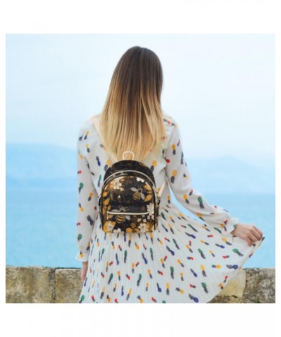 Yellow Floral Bee Mini Backpack Purse for Women Small Casual Daypacks Pu Leather Bookbag Fashion Bee Back Packs Anti Theft Tr...