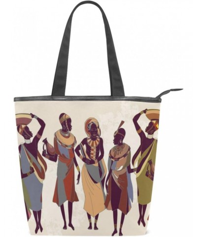 Tote Bag Ethnic African Women Canvas Zippered Tote Handbag for Women with 2 Interior Pockets $11.04 Totes