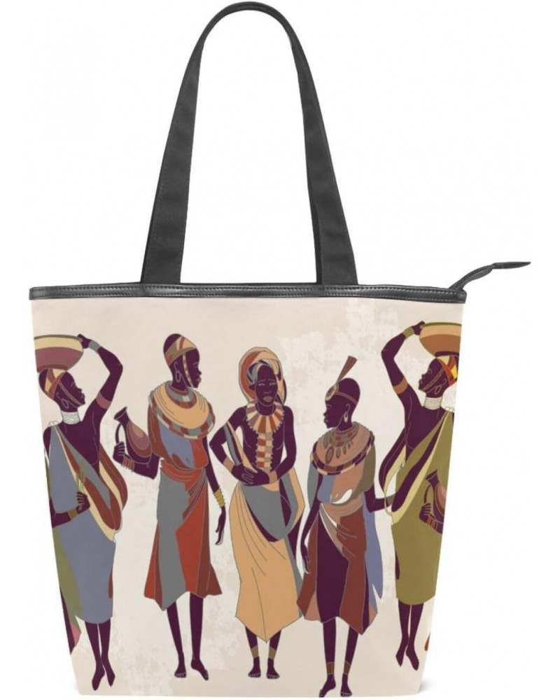 Tote Bag Ethnic African Women Canvas Zippered Tote Handbag for Women with 2 Interior Pockets $11.04 Totes