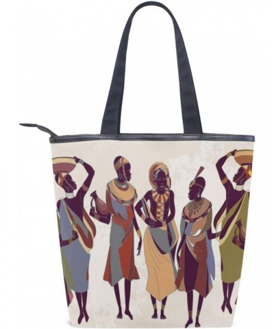 Tote Bag Ethnic African Women Canvas Zippered Tote Handbag for Women with 2 Interior Pockets $11.04 Totes