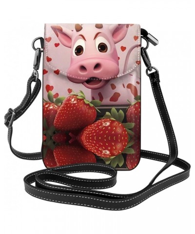 women leather Cell Phone Purse Pink Cow with Strawberries pattern Multifunction,Soft, durable,Convenient for daily use and tr...