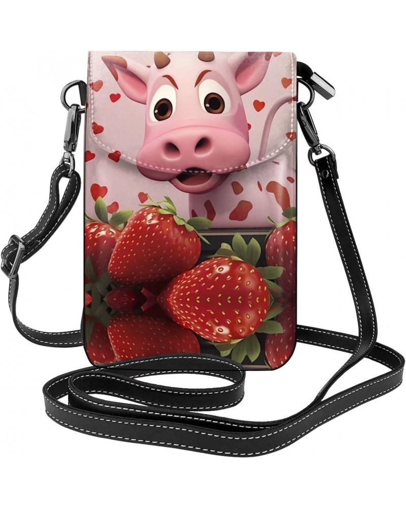 women leather Cell Phone Purse Pink Cow with Strawberries pattern Multifunction,Soft, durable,Convenient for daily use and tr...