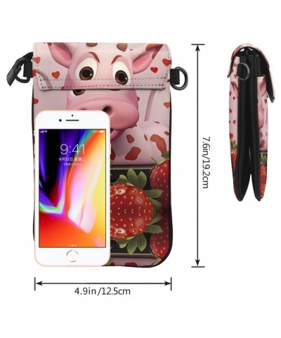 women leather Cell Phone Purse Pink Cow with Strawberries pattern Multifunction,Soft, durable,Convenient for daily use and tr...