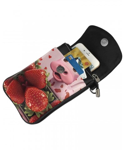 women leather Cell Phone Purse Pink Cow with Strawberries pattern Multifunction,Soft, durable,Convenient for daily use and tr...