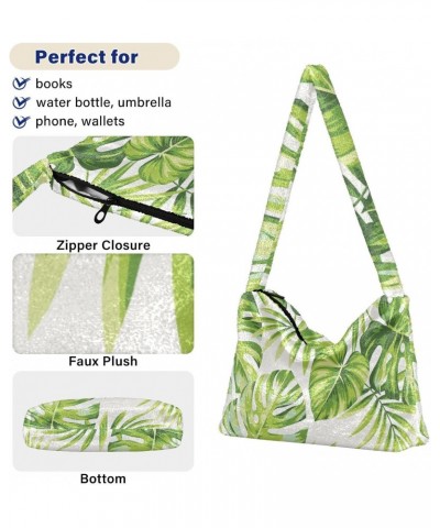 Tropical Green Palm Leaves White Fluffy Crossbody Bag Furry Tote Bags for Women Fuzzy Purse Handbag Lady Shoulder Bag Large P...