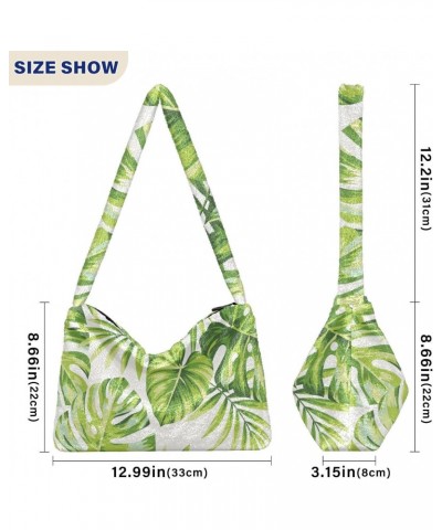 Tropical Green Palm Leaves White Fluffy Crossbody Bag Furry Tote Bags for Women Fuzzy Purse Handbag Lady Shoulder Bag Large P...