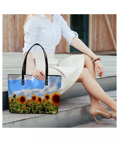 Summer Sunflower Tote Bag Women Shoulder Handbags PU Leather Everyday Bag with External Pocket Large Capacity Aesthetic Cordu...