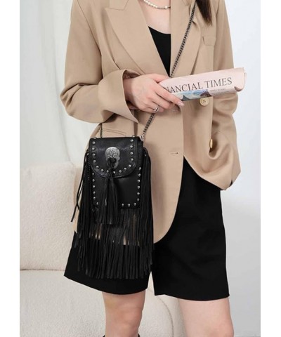 Women's Rivet Chain Shoulder Bag Tassel Phone Bags Soft Leather Purse-Brown Black $22.78 Totes