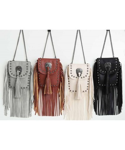 Women's Rivet Chain Shoulder Bag Tassel Phone Bags Soft Leather Purse-Brown Black $22.78 Totes