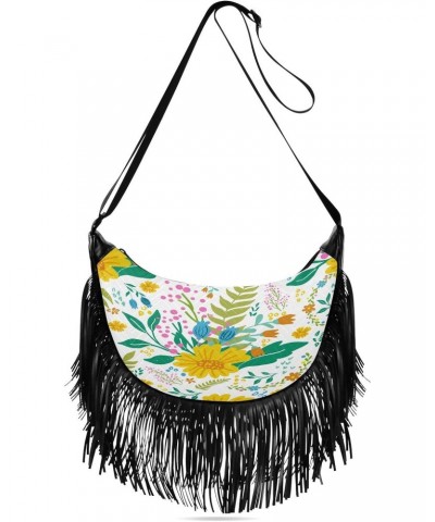 Tassel Designer Crossbody Purses for Women Bright Yellow Flowers Leaves Adjustable Shoulder Strap Crossbody Bags for Ladies T...