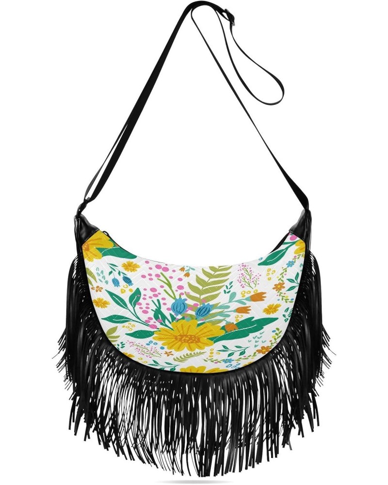 Tassel Designer Crossbody Purses for Women Bright Yellow Flowers Leaves Adjustable Shoulder Strap Crossbody Bags for Ladies T...