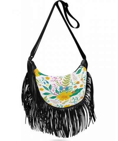 Tassel Designer Crossbody Purses for Women Bright Yellow Flowers Leaves Adjustable Shoulder Strap Crossbody Bags for Ladies T...