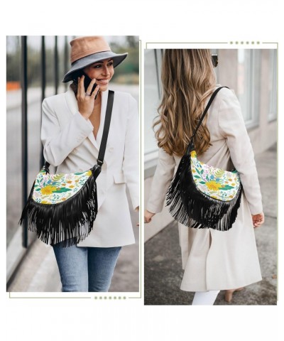 Tassel Designer Crossbody Purses for Women Bright Yellow Flowers Leaves Adjustable Shoulder Strap Crossbody Bags for Ladies T...